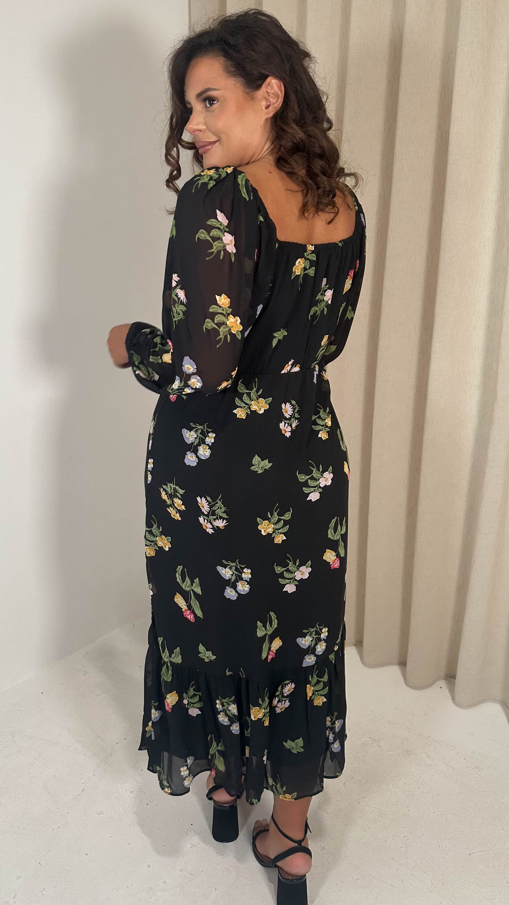 CurveWow Floral Milkmaid Dress Black Multi