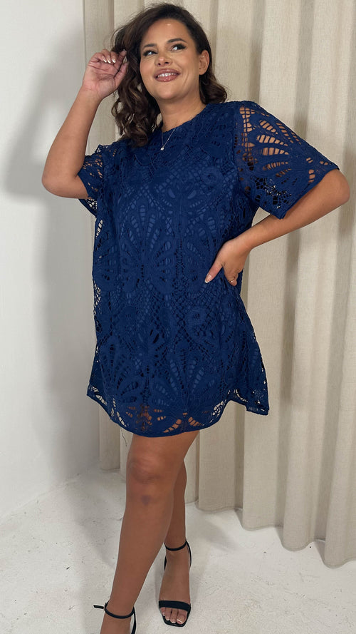 CurveWow Guipure Lace Shift Dress Navy