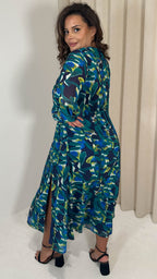CurveWow Ring Waist V Neck Midi Dress Green Floral