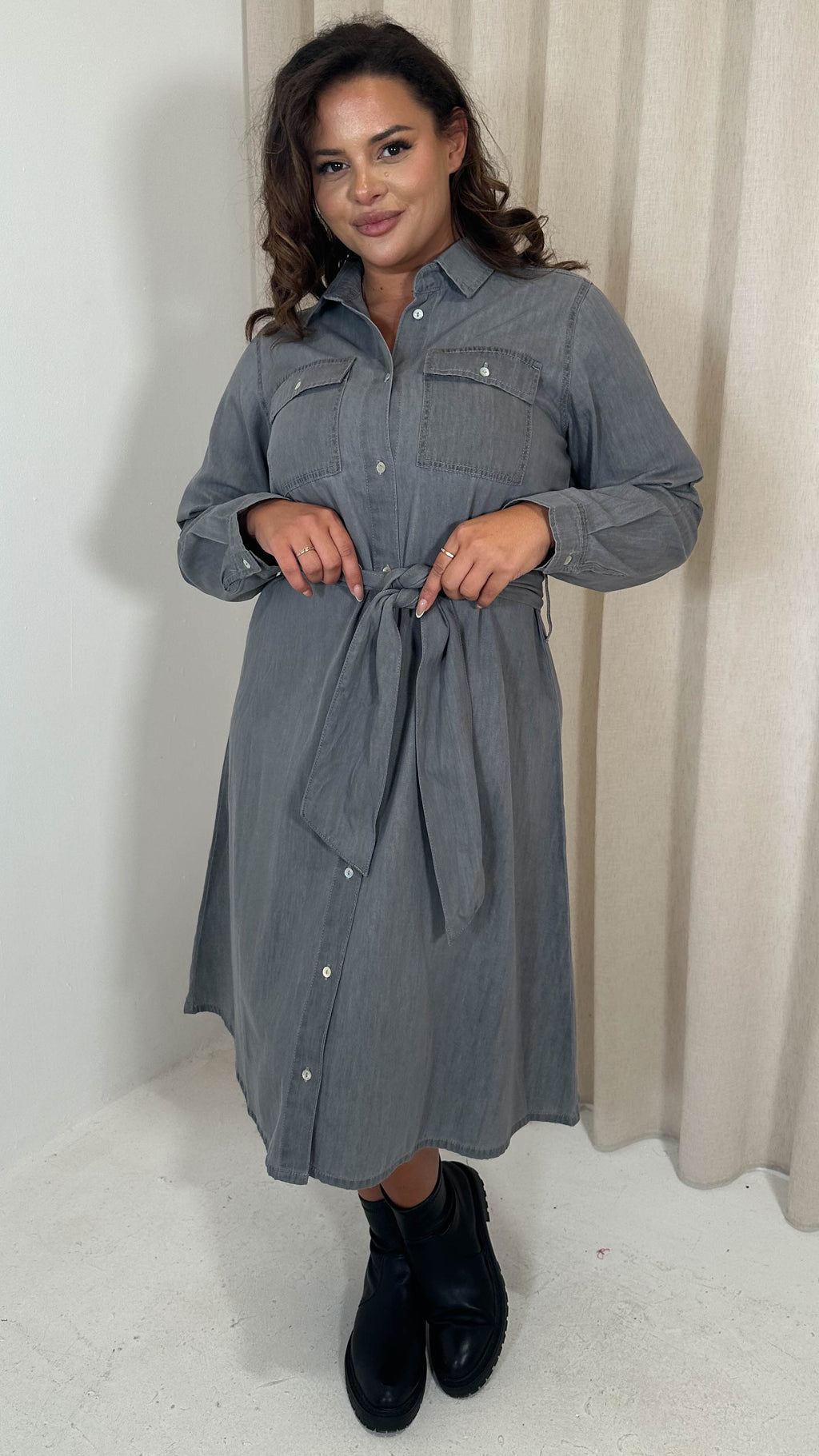 CurveWow Denim Belted Oversized Shirt Dress Grey Wash