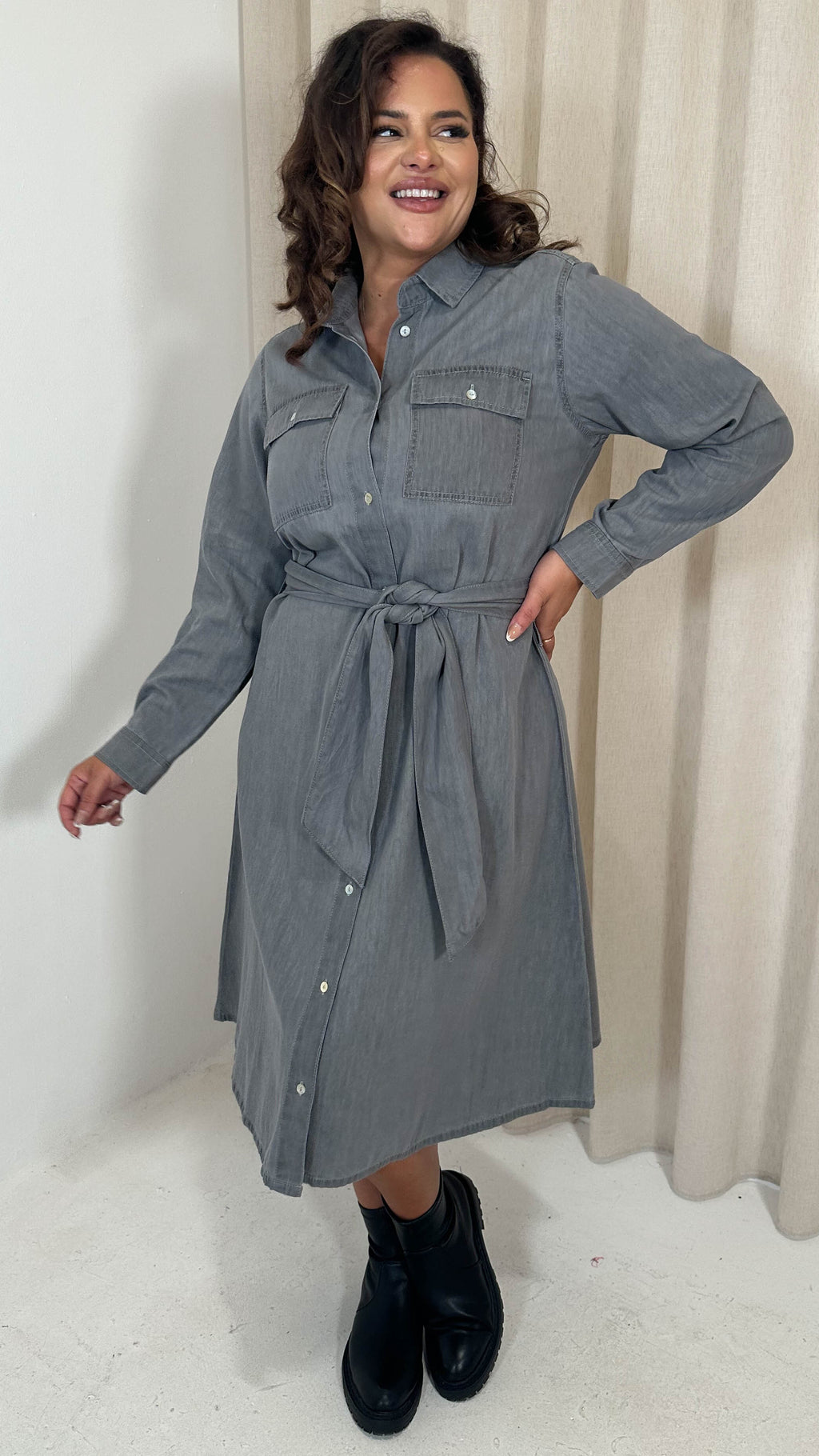 CurveWow Denim Belted Oversized Shirt Dress Grey Wash