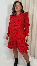 CurveWow Frill Shirt Dress Red Animal