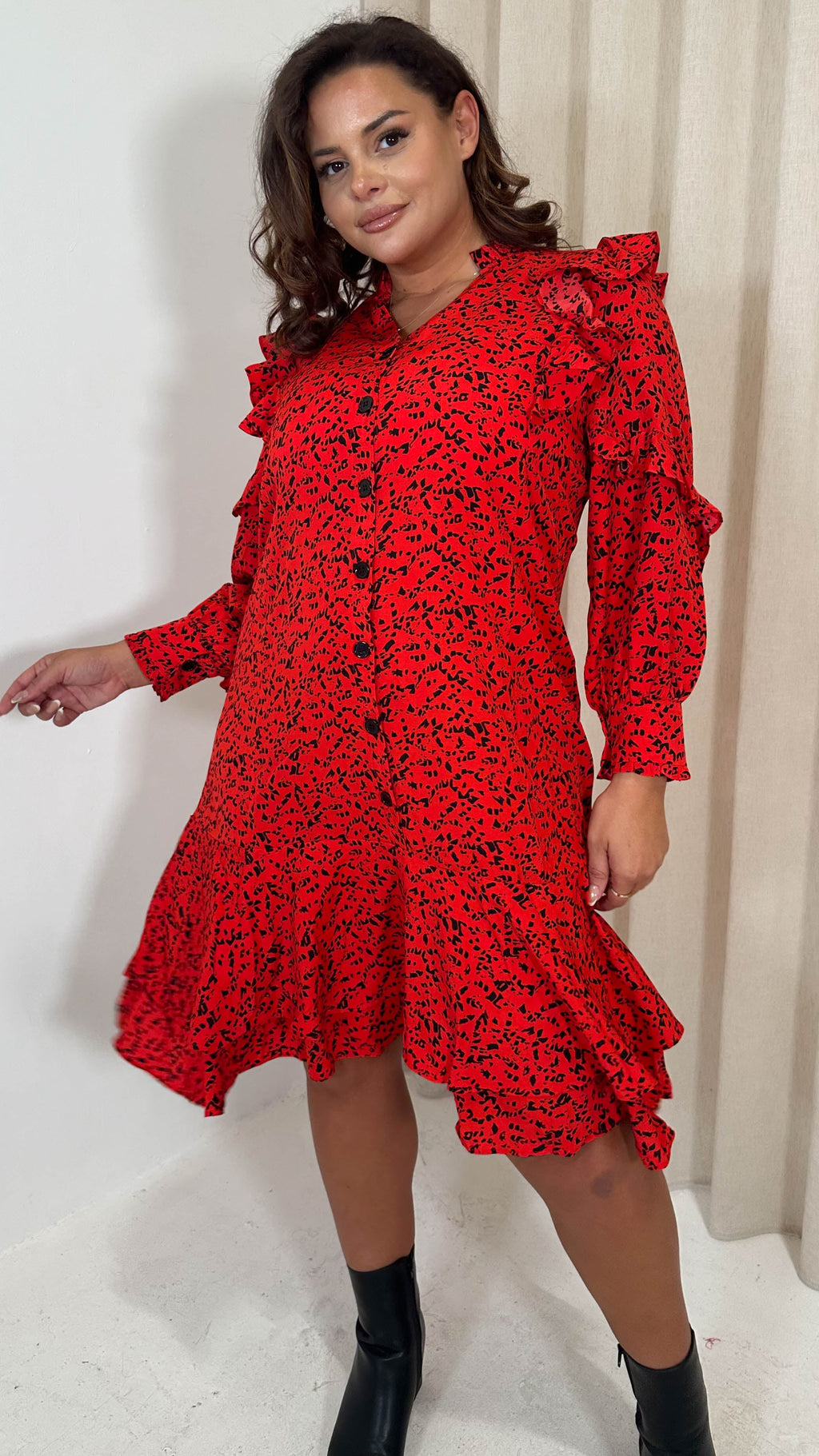 CurveWow Frill Shirt Dress Red Animal