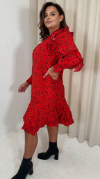 CurveWow Frill Shirt Dress Red Animal