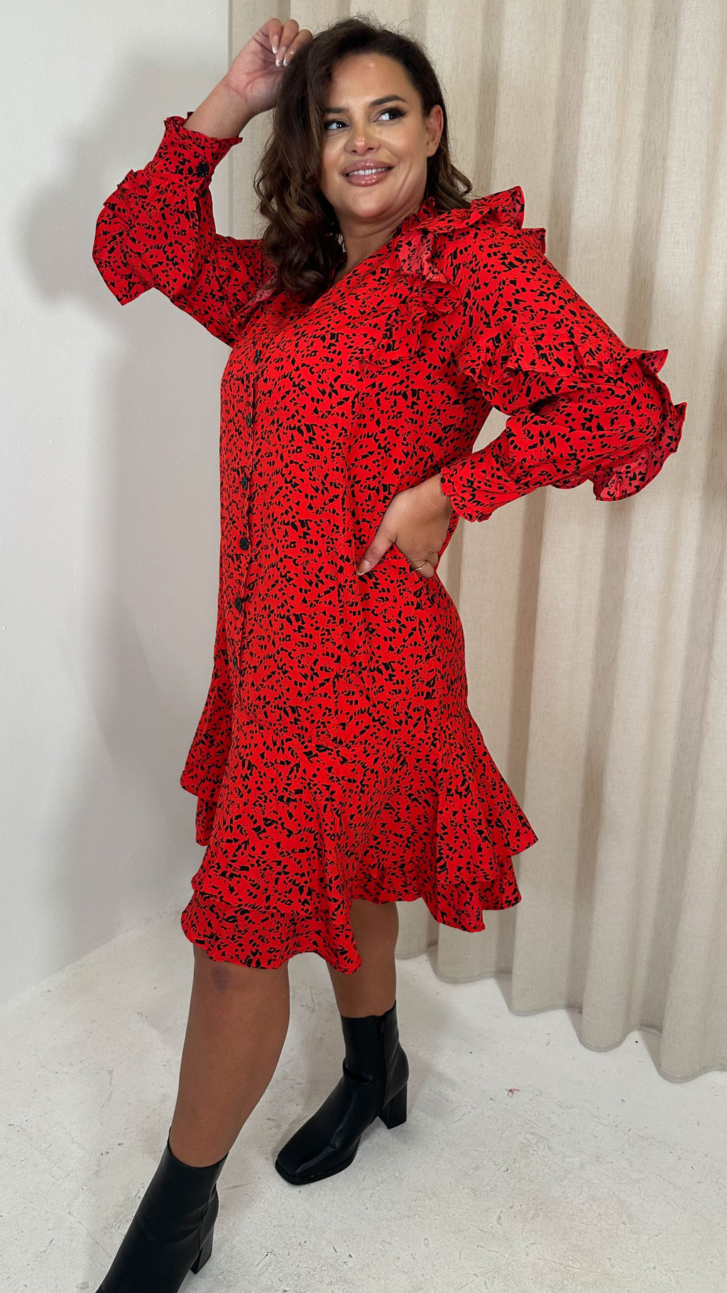 CurveWow Frill Shirt Dress Red Animal