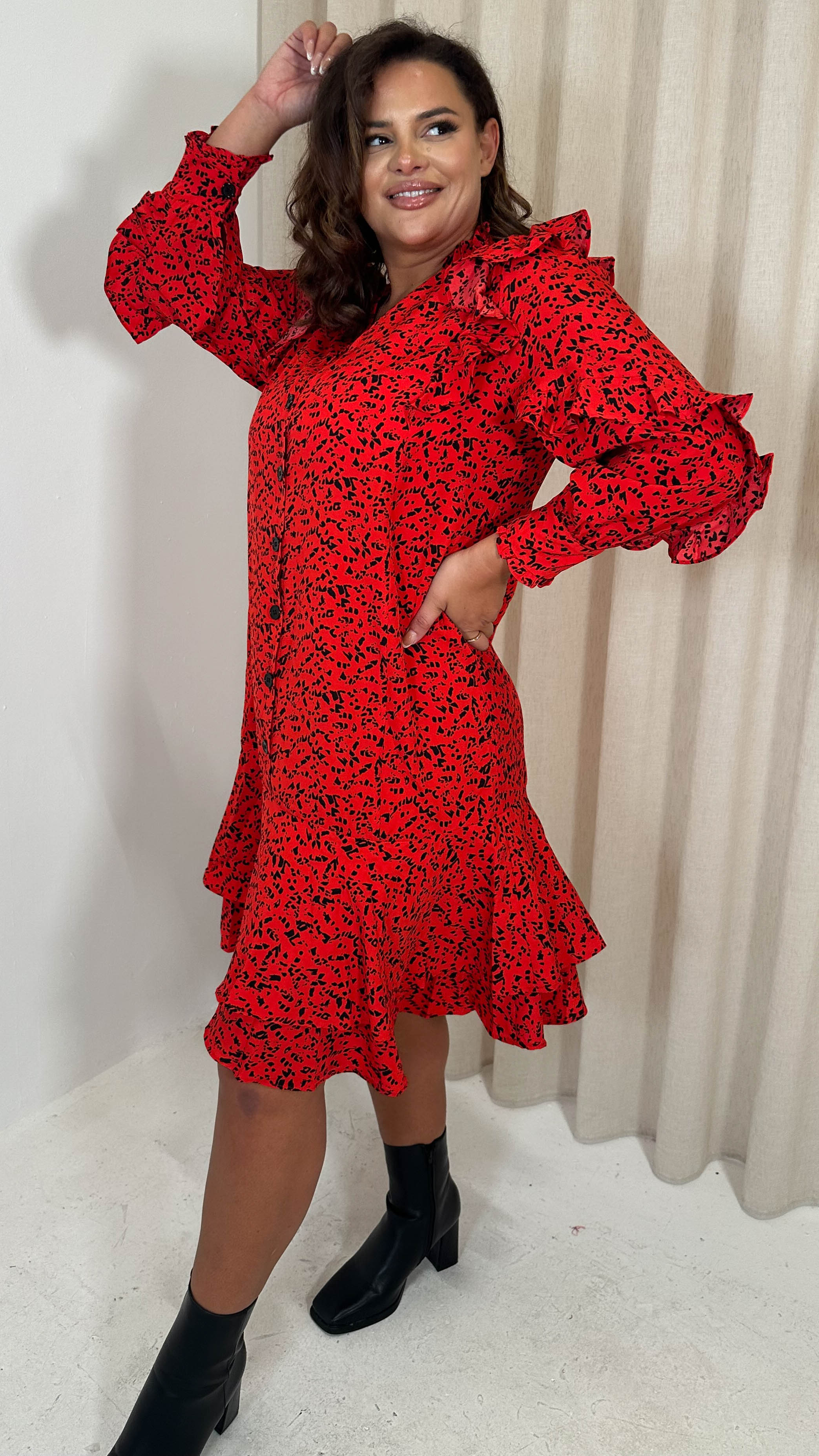 CurveWow Frill Shirt Dress Red Animal
