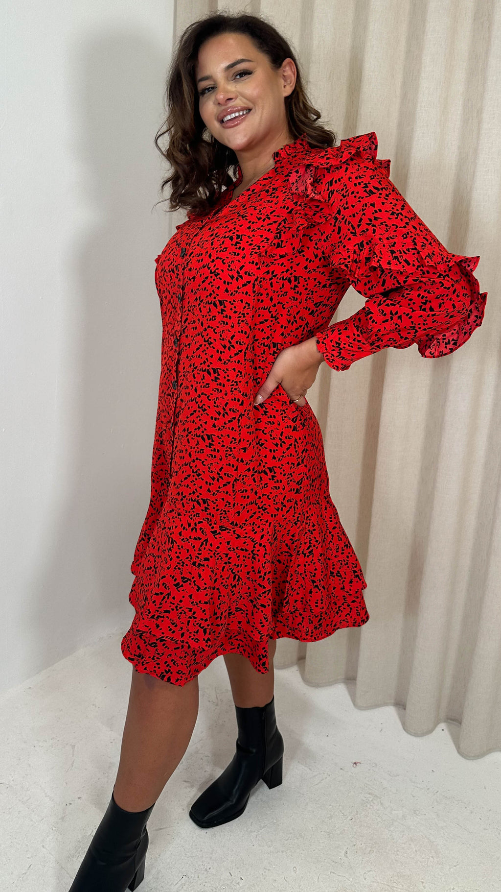 CurveWow Frill Shirt Dress Red Animal