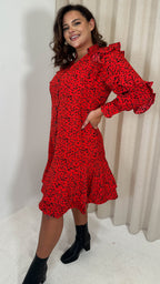 CurveWow Frill Shirt Dress Red Animal