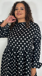 CurveWow High Neck Smock Dress White/Black Polka Dot