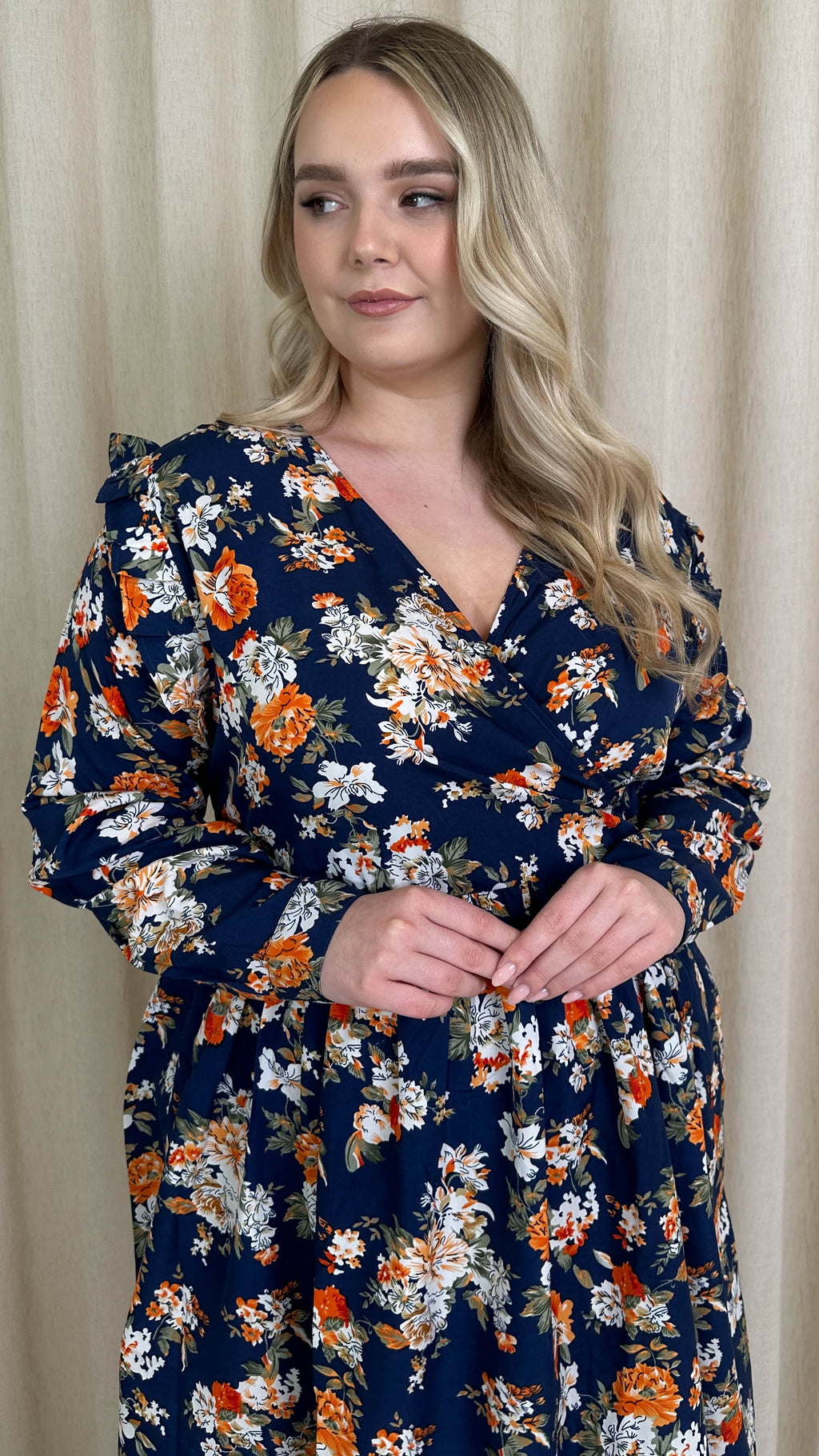 CurveWow Frill Wrap Dress Navy Floral