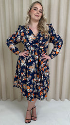CurveWow Frill Wrap Dress Navy Floral