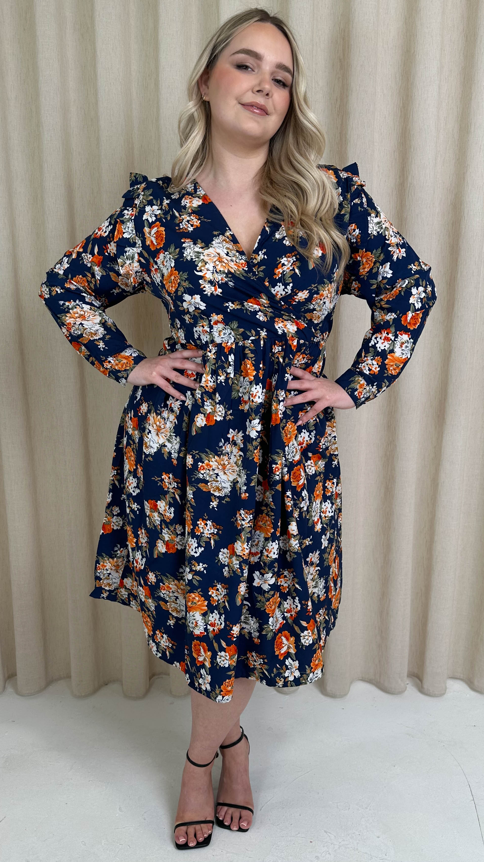 CurveWow Frill Wrap Dress Navy Floral