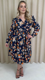 CurveWow Frill Wrap Dress Navy Floral