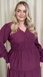 CurveWow Textured Button Front Shirred Waist Maxi Dress Plum