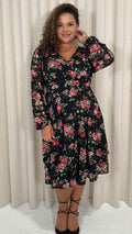 CurveWow Lace Plunge Ruffle Skater Dress Black Floral