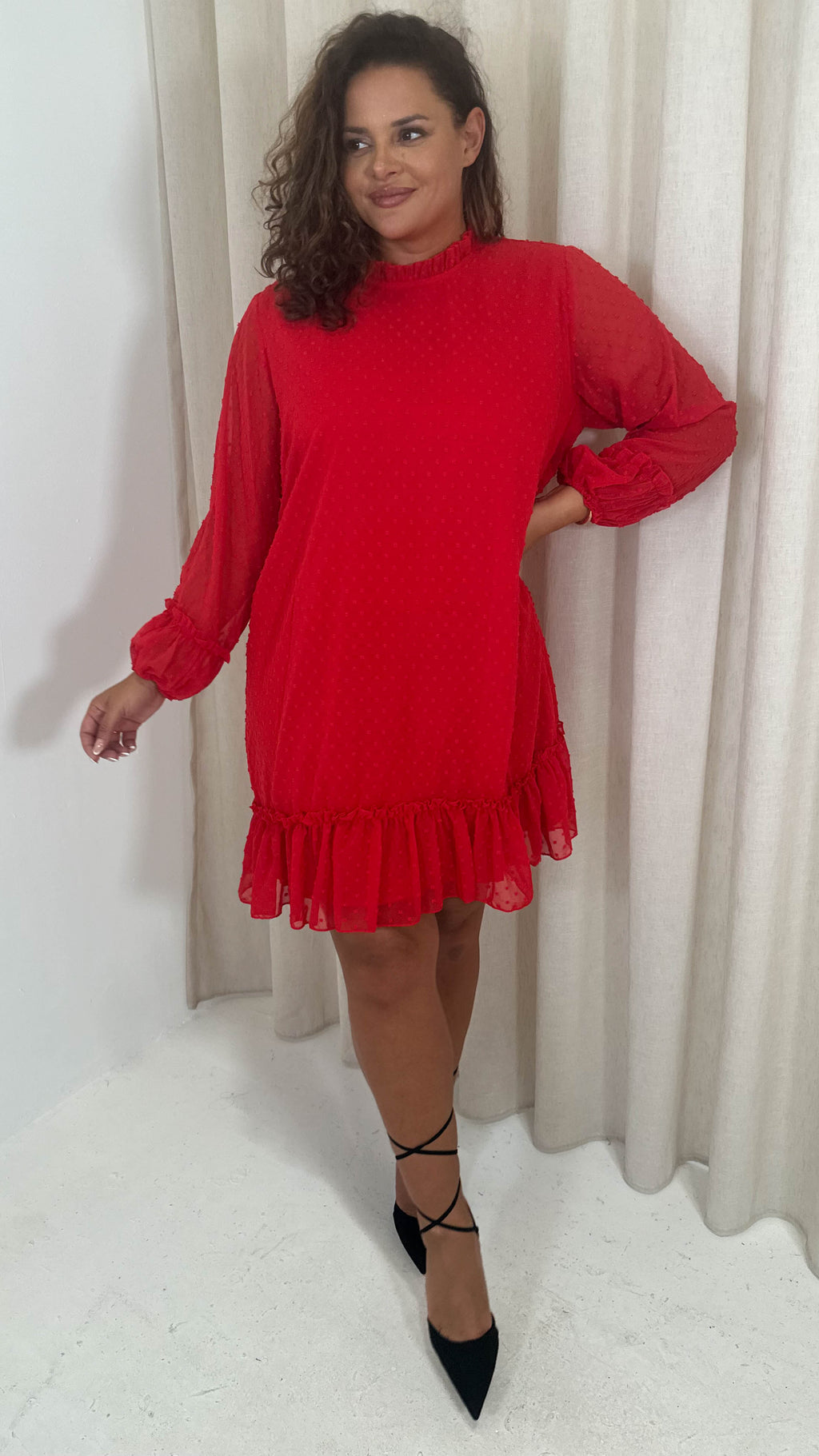 CurveWow High Neck Dobby Mesh Mini Dress Red