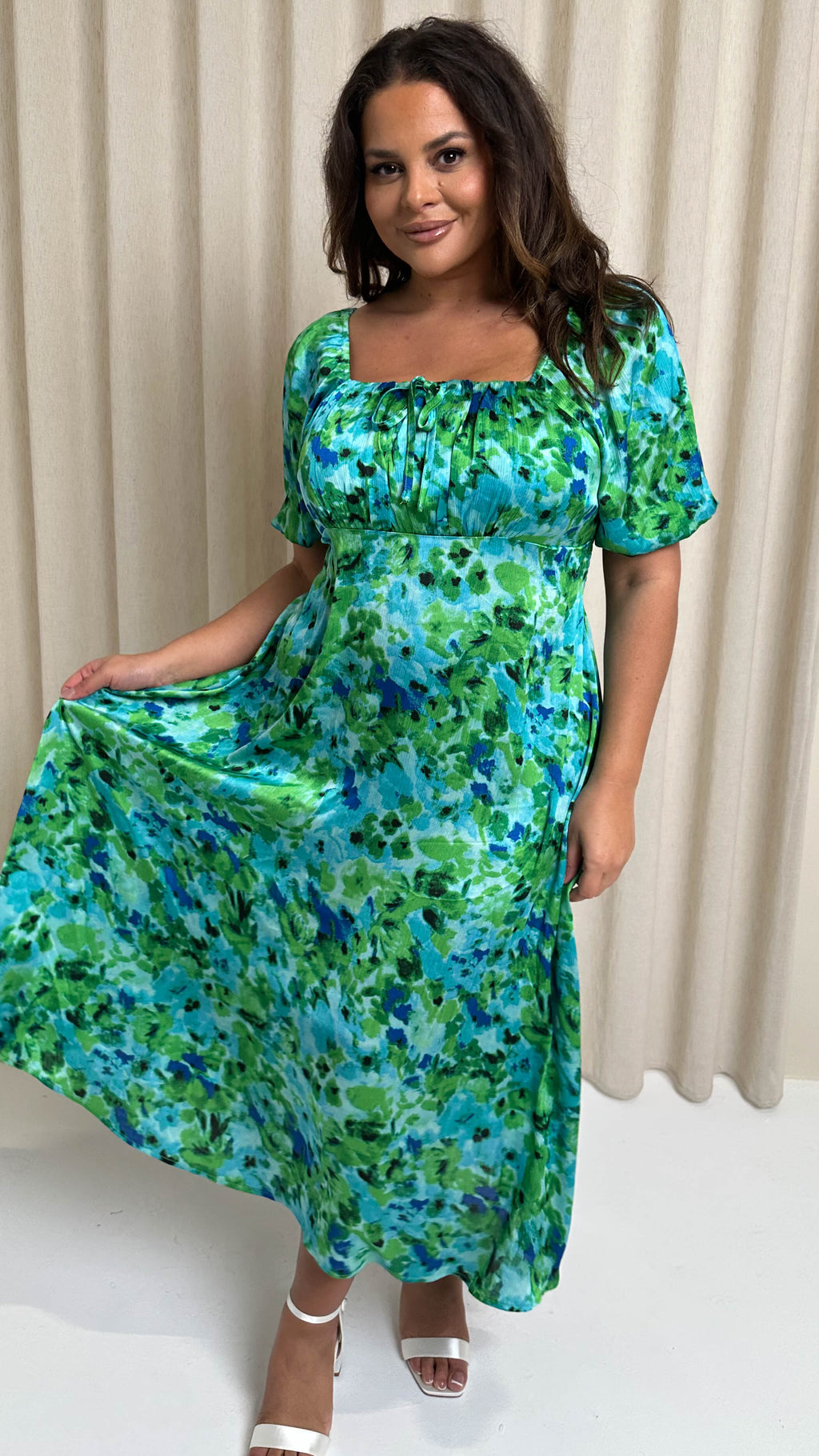 CurveWow Floral Milkmaid Dress Green Floral