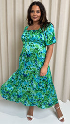 CurveWow Floral Milkmaid Dress Green Floral