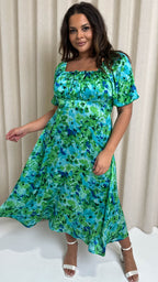 CurveWow Floral Milkmaid Dress Green Floral