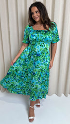 CurveWow Floral Milkmaid Dress Green Floral