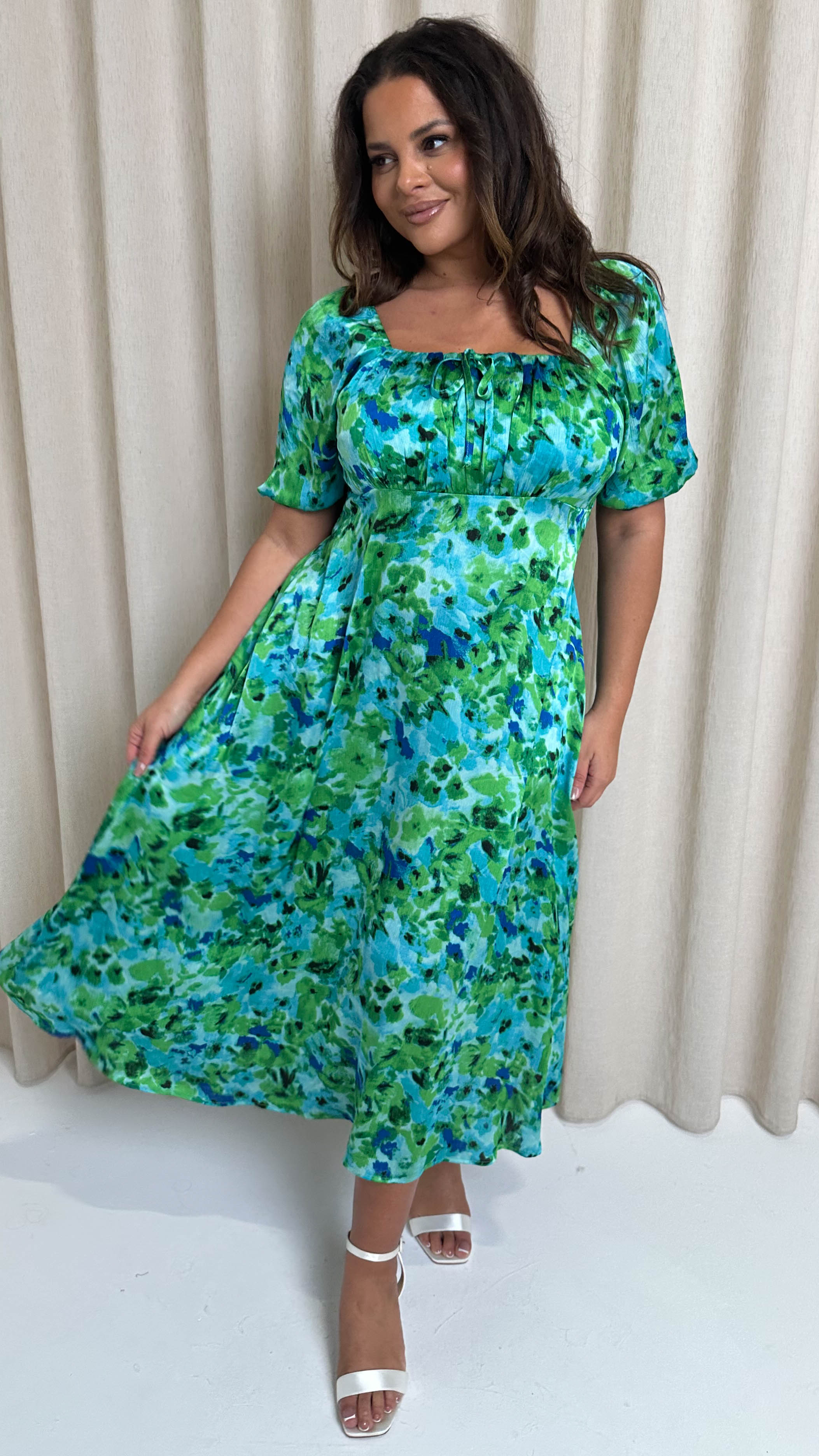 CurveWow Floral Milkmaid Dress Green Floral