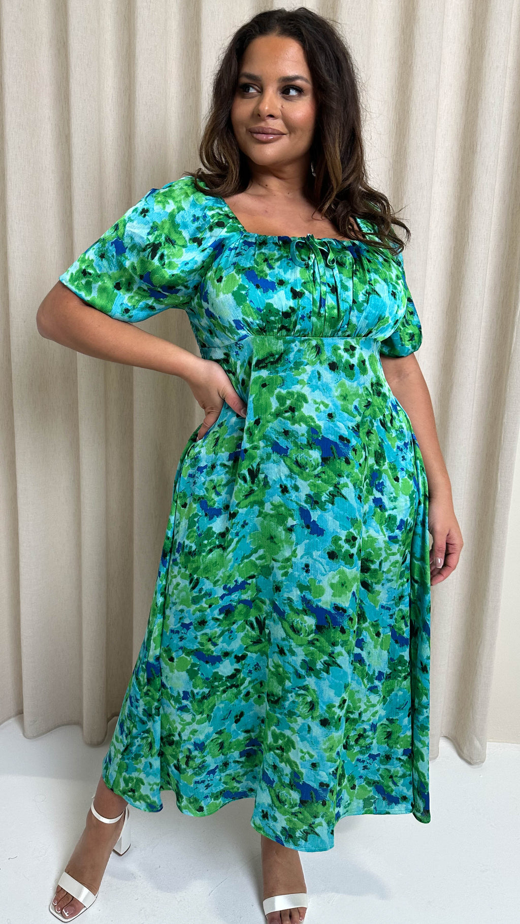CurveWow Floral Milkmaid Dress Green Floral