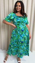 CurveWow Floral Milkmaid Dress Green Floral