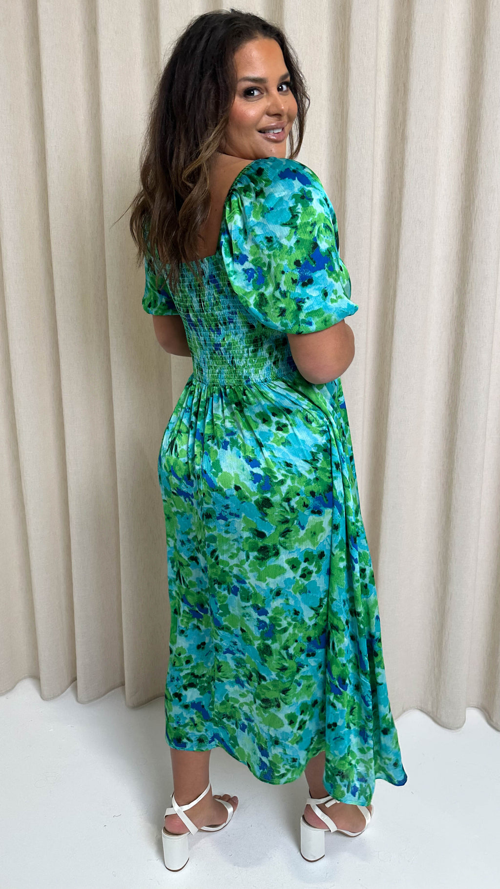 CurveWow Floral Milkmaid Dress Green Floral