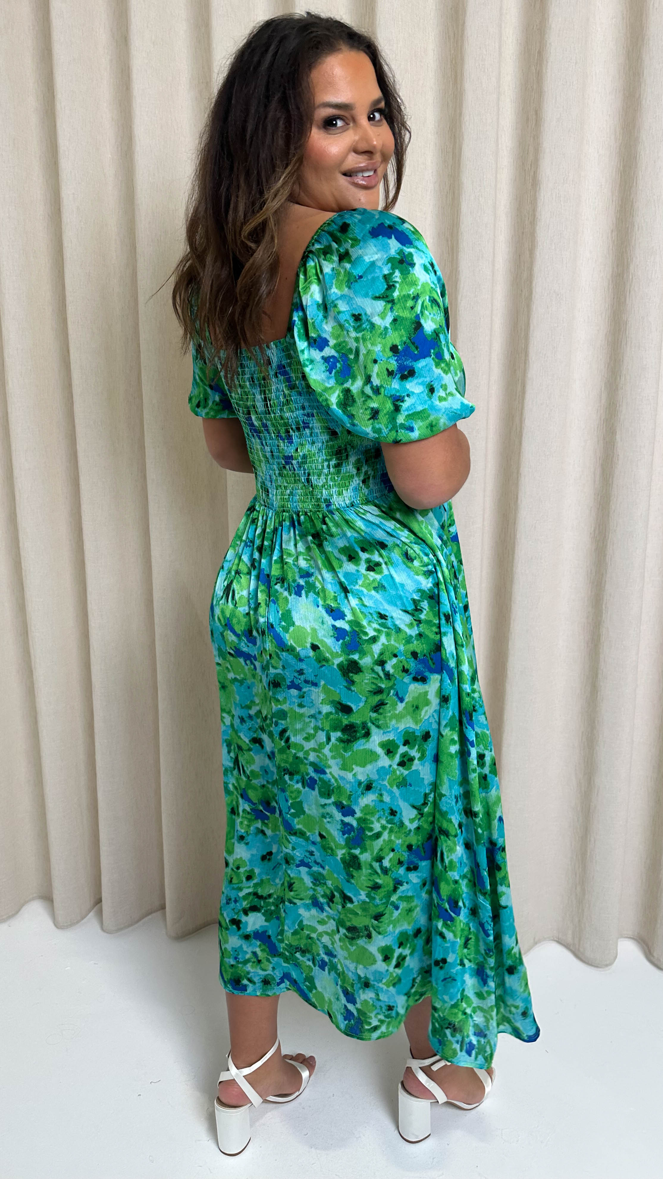 CurveWow Floral Milkmaid Dress Green Floral