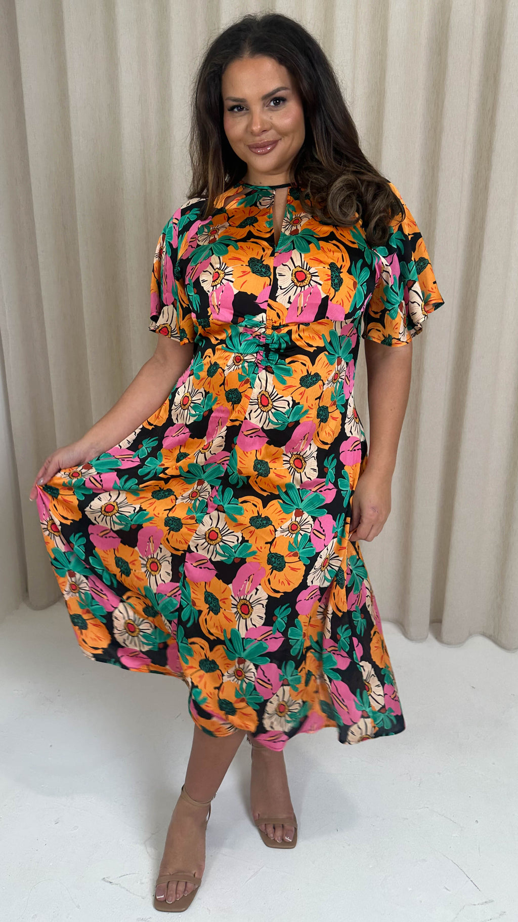 CurveWow Floral Cut Out Midi Dress Multi Floral