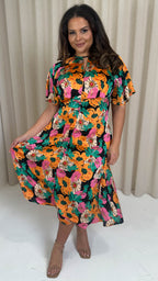 CurveWow Floral Cut Out Midi Dress Multi Floral
