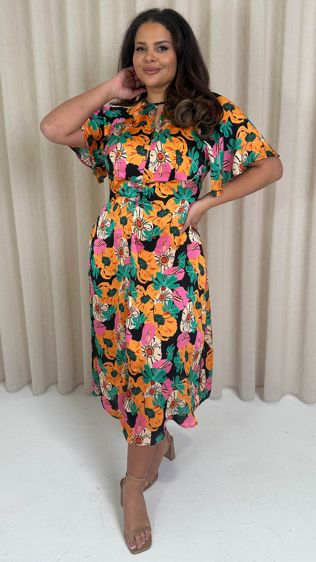 CurveWow Floral Cut Out Midi Dress Multi Floral