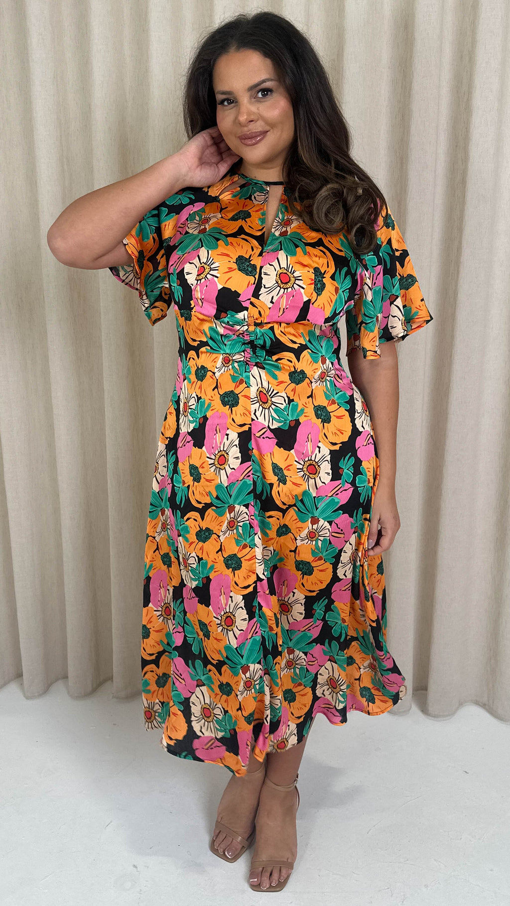 CurveWow Floral Cut Out Midi Dress Multi Floral