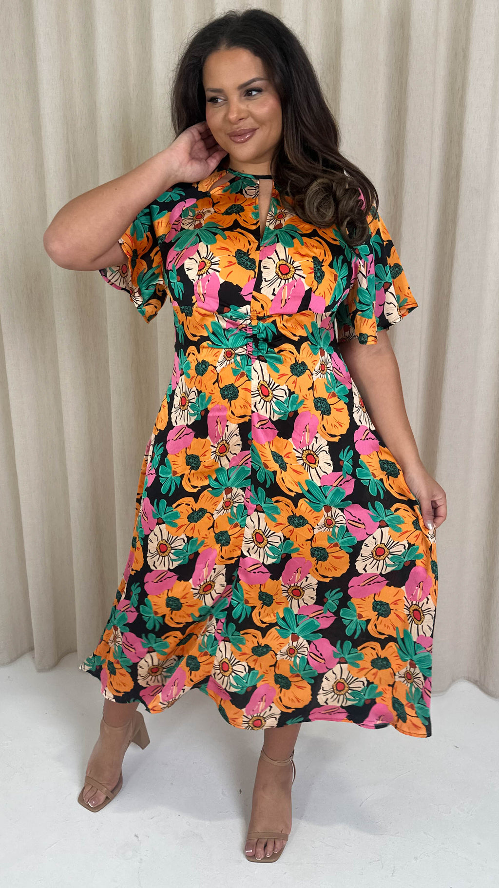 CurveWow Floral Cut Out Midi Dress Multi Floral