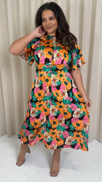 CurveWow Floral Cut Out Midi Dress Multi Floral