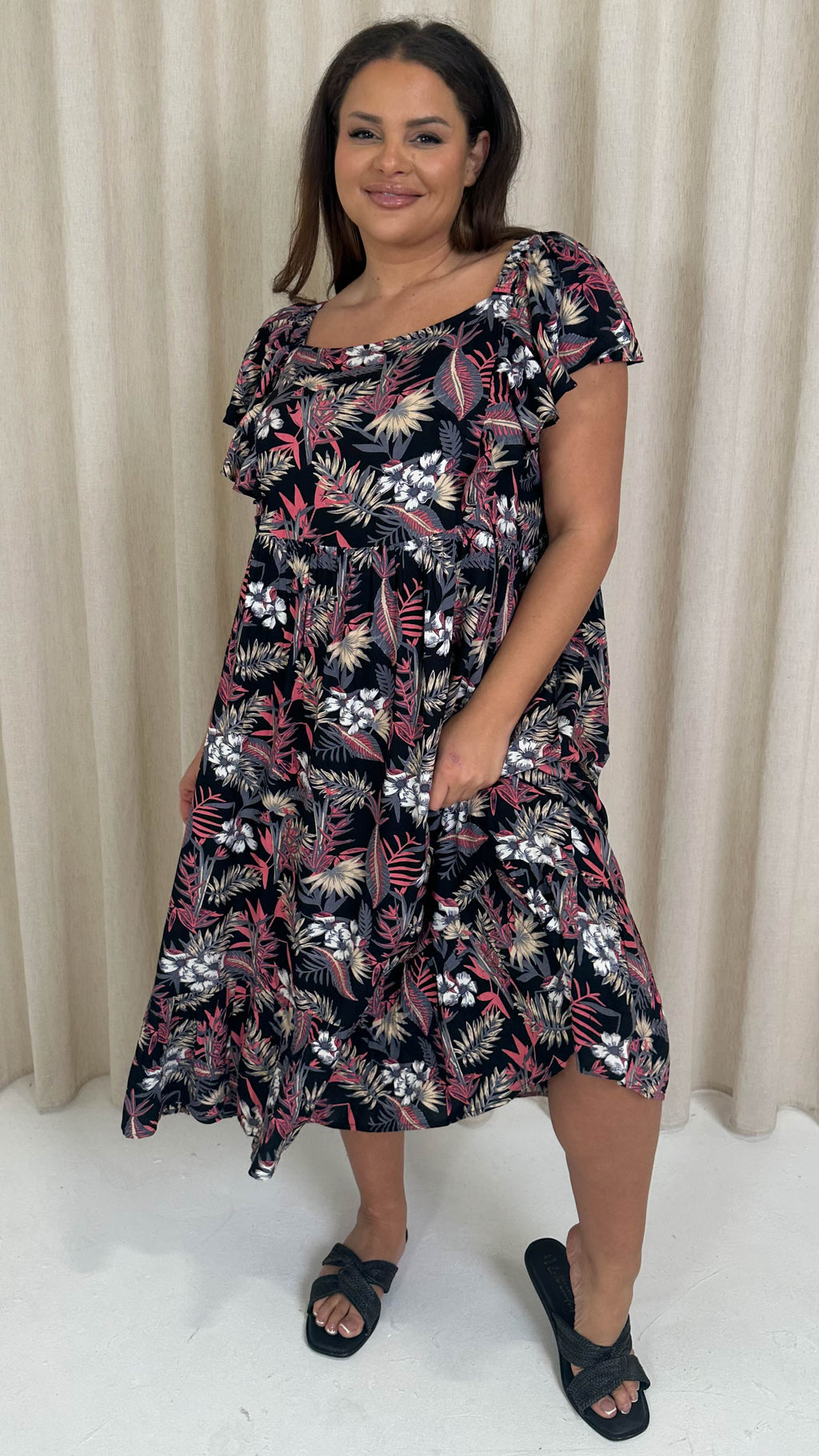 CurveWow Frill Shoulder Midi Dress Tropical Flowers