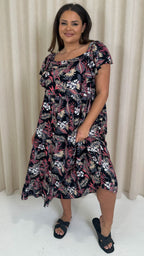 CurveWow Frill Shoulder Midi Dress Tropical Flowers