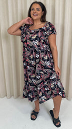 CurveWow Frill Shoulder Midi Dress Tropical Flowers
