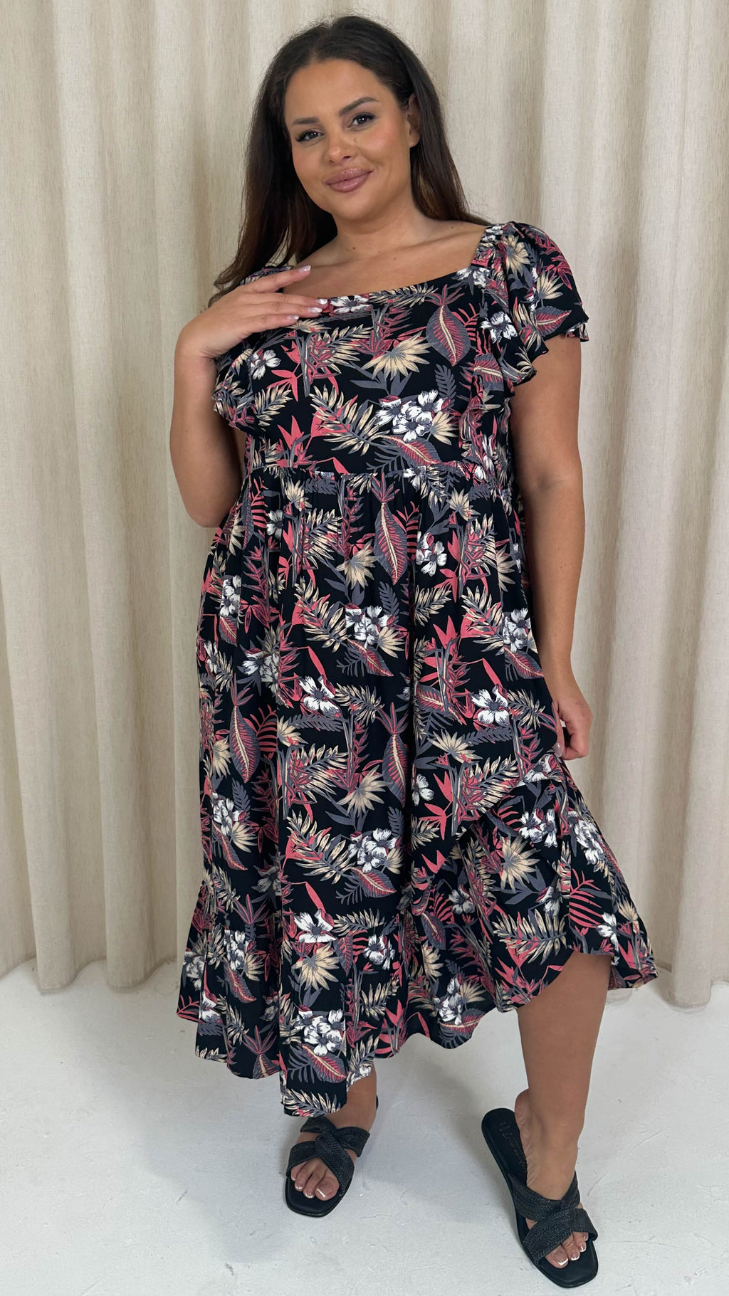 CurveWow Frill Shoulder Midi Dress Tropical Flowers