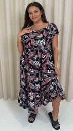 CurveWow Frill Shoulder Midi Dress Tropical Flowers