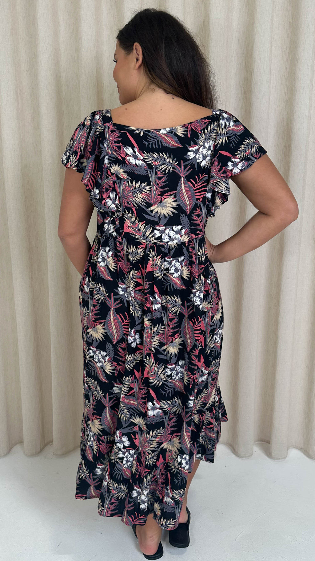 CurveWow Frill Shoulder Midi Dress Tropical Flowers