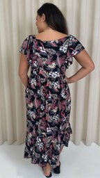 CurveWow Frill Shoulder Midi Dress Tropical Flowers