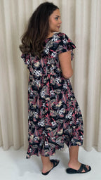 CurveWow Frill Shoulder Midi Dress Tropical Flowers