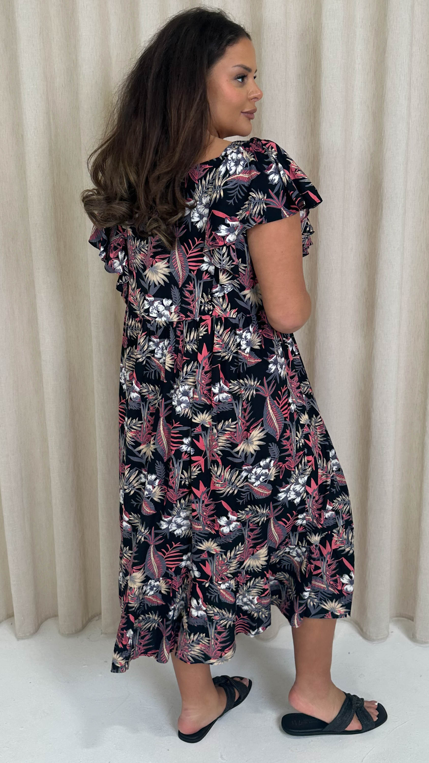 CurveWow Frill Shoulder Midi Dress Tropical Flowers