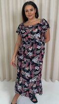 CurveWow Frill Shoulder Midi Dress Tropical Flowers