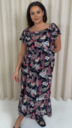 CurveWow Frill Shoulder Midi Dress Tropical Flowers