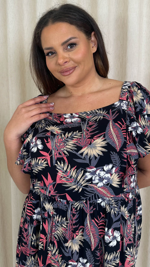 CurveWow Frill Shoulder Midi Dress Tropical Flowers