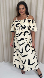 CurveWow Cotton Puff Sleeve Cold Shoulder Dress Mono