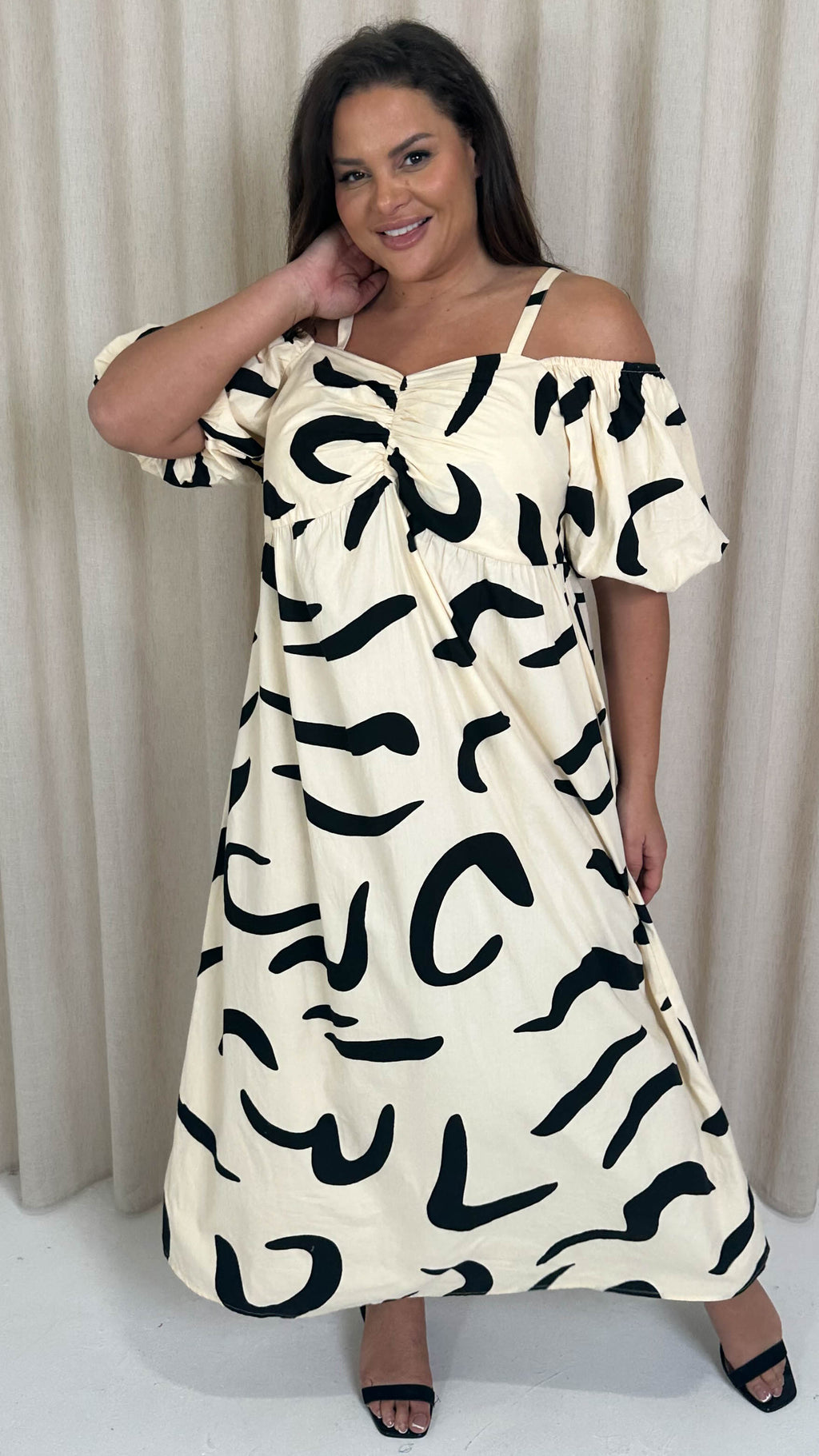 CurveWow Cotton Puff Sleeve Cold Shoulder Dress Mono