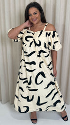 CurveWow Cotton Puff Sleeve Cold Shoulder Dress Mono